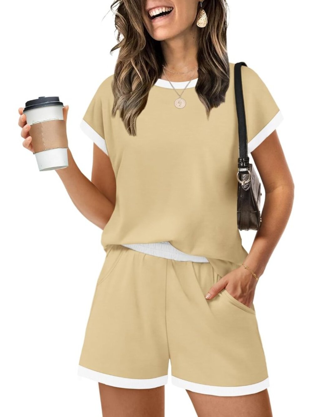 〽️Women's Outfit Beige Yellow Cap Sleeve Shirts and Shorts Summer Lounge Set